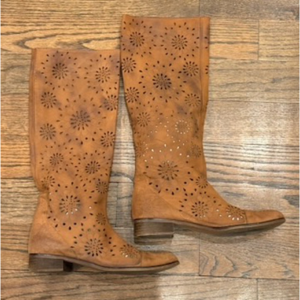 Italian Made Tan Suede Cutout Calf-Length Boots Laser Cut Leather Booties EU 39